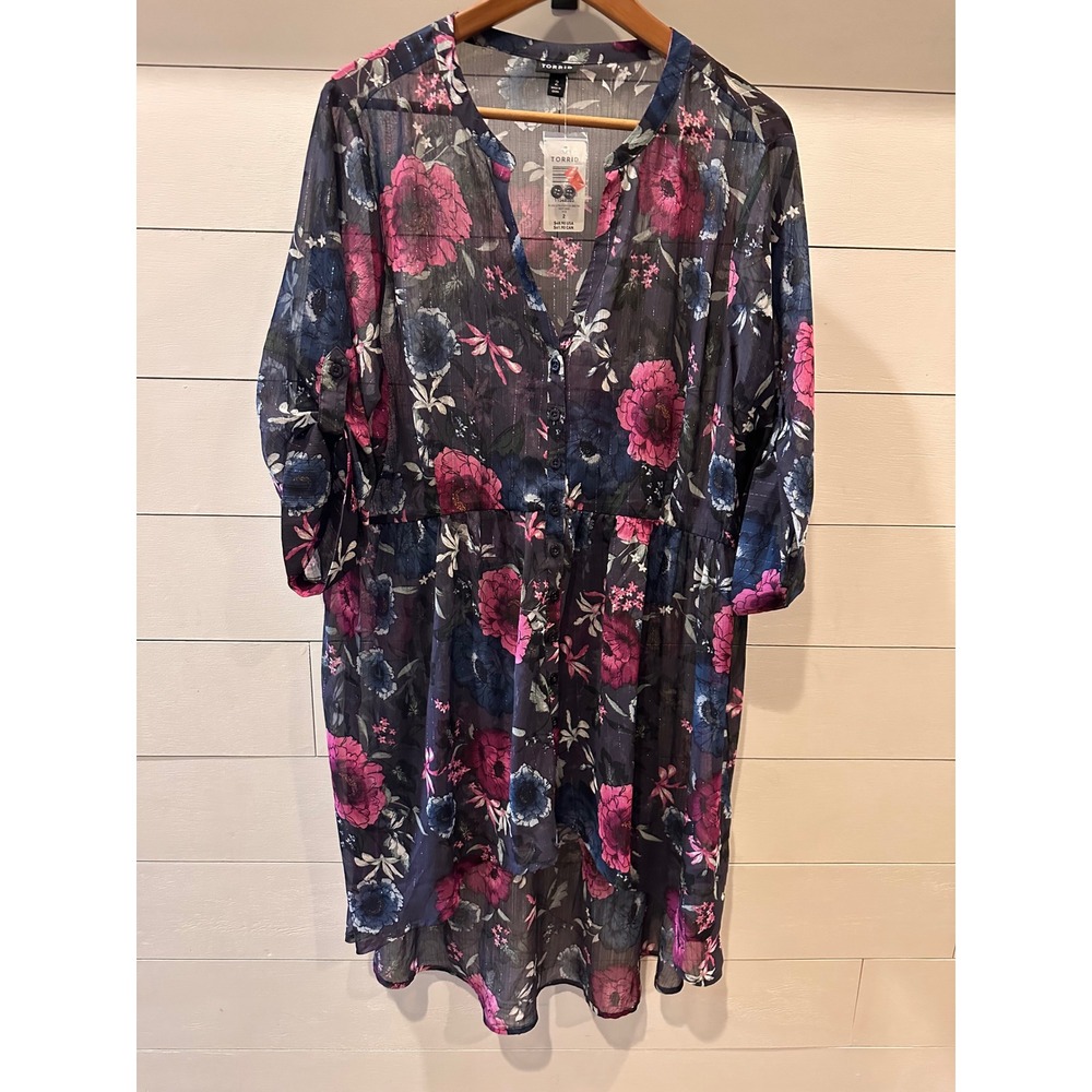 Torrid Womens Plus 2 Floral Metallic Sheer Button Front High Low Tunic Blouse